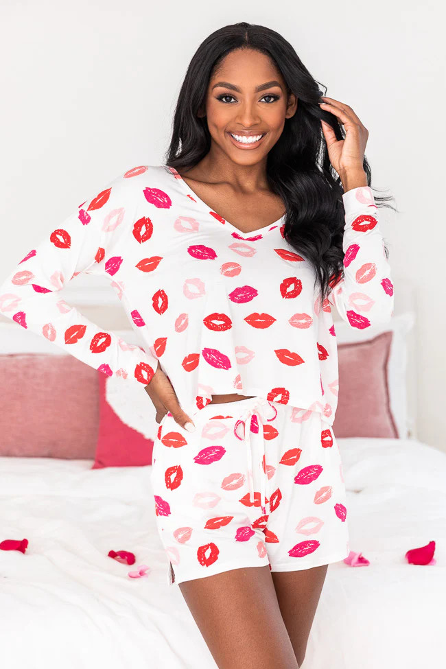 Hoping For One Day Ivory Lip Print Lounge Short | The Pink Lily Boutique