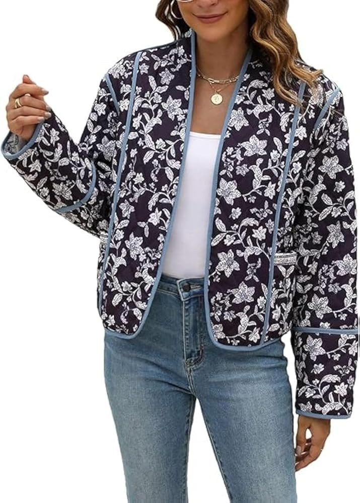 Womens Cropped Floral Puffer Jacket Lightweight Open Front Long Sleeve Padded Quilted Coat with P... | Amazon (US)