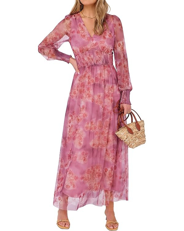 ANRABESS Women's Floral Maxi Dress 2025 Fall V Neck Puff Long Sleeve Flowy Casual Wedding Guest T... | Amazon (US)