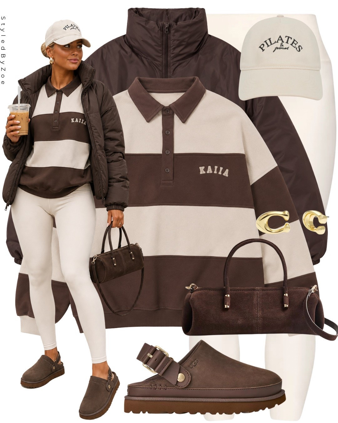 This is your autumn casual outfit sorted. Striped rugby polo layered under a stylish brown jacket, cream leggings, UGG clog slippers, suede tote and a Pilates cap! Giving effortless athleisure style that looks put together without trying. 

#autumnoutfits #transitionaloutfits #rugbytop #brownoutfit

#LTKuk #LTKautumn #LTKFashionMonth