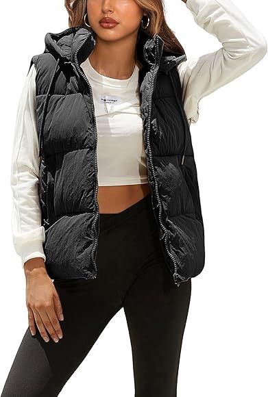 Freyhem Womens Hooded Puffer Vest Sleeveless Black Zip Up Puffy Oversized Stand Collar Winter Pad... | Amazon (US)