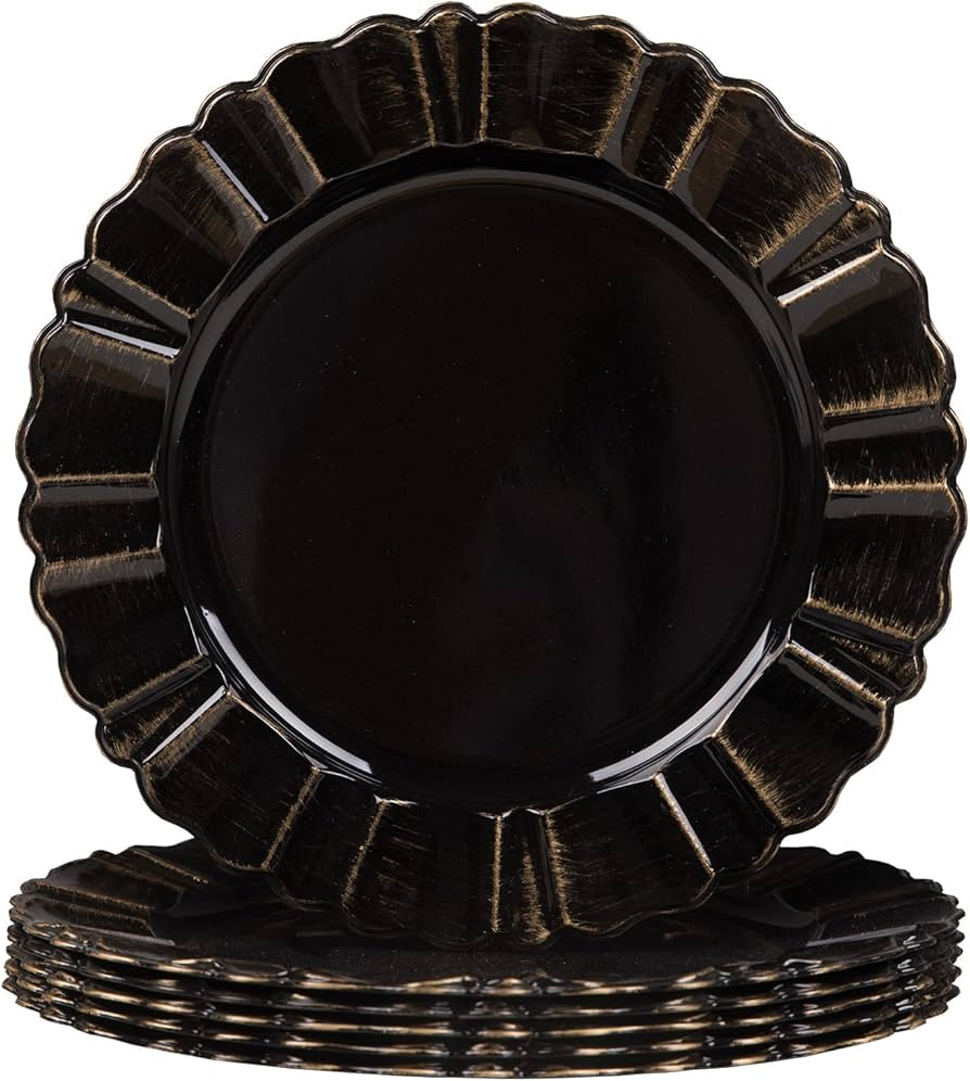 MAONAME 13" Black Charger Plates, Antique Plate Chargers with Wipe Gold Waved Scalloped Rim, Plas... | Amazon (US)
