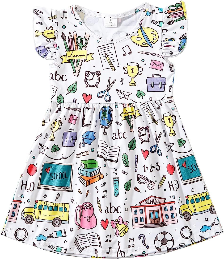 Toddler Girls Back to School Apple Pencil Dress Causal Flutter Sleeve Ruffle Bottom Dress Summer Clo | Amazon (US)