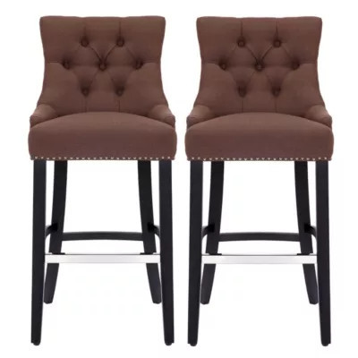 Westin Furniture 29" Linen Fabric Tufted Upholstered Black Bar Stool (Set of 2), Brown | Belk