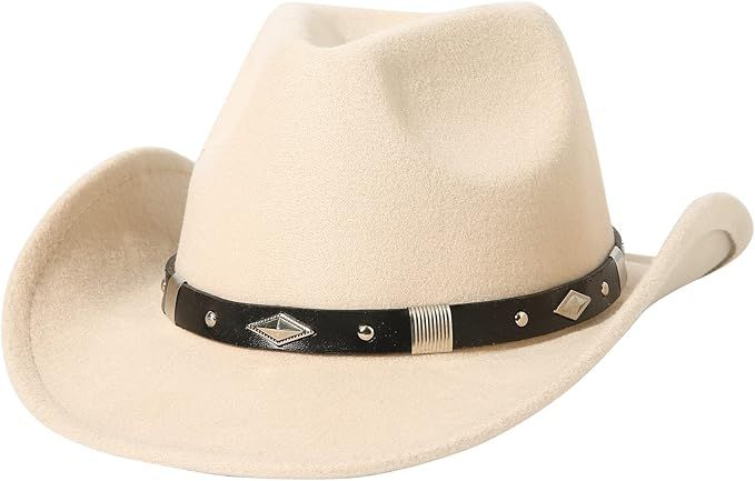 Lanzom Classic Felt Wide Brim Women Men Western Cowboy Hat Cowgirl Hats with Buckle Belt | Amazon (US)