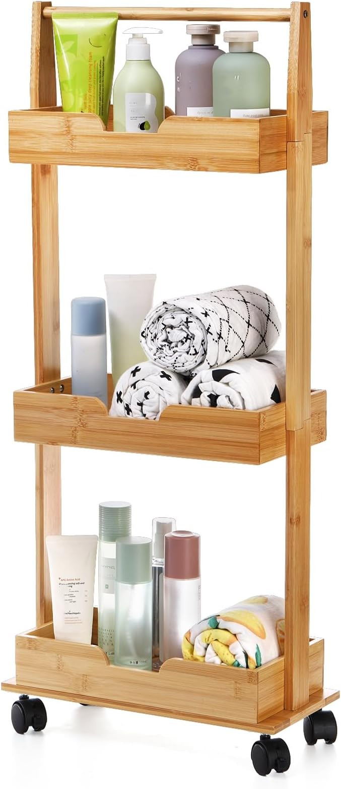 Lyellfe 3 Tire Shower Caddy Stand, Bamboo Shower Floor Organizer Corner with Sliding Wheels, Bath... | Amazon (US)