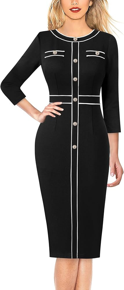 VFSHOW Womens Buttons Patchwork Work Business Office Party Bodycon Pencil Sheath Dress | Amazon (US)