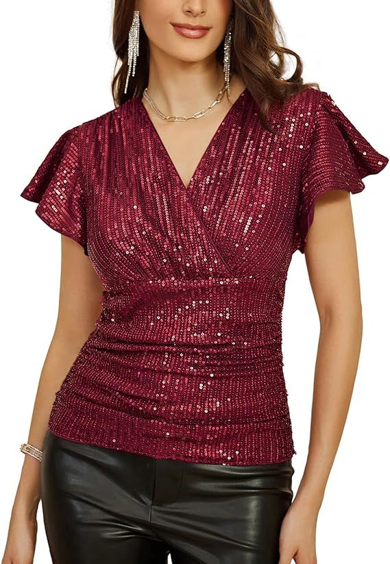 GRACE KARIN Sequin Ruffle Tops for Women Short Sleeve Dressy Sparkly Tops Ruched Wrap Blouse Part... | Amazon (US)