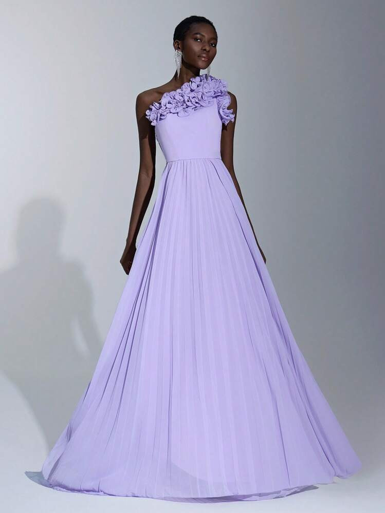 Elitara Ladies' Evening Dress With Sunray Pleats, Asymmetrical Neck Design And Handcrafted 3d Flowers Elegant Formal Prom Wedding Guest Gown, For Graduation, Dinner Party Dress | SHEIN