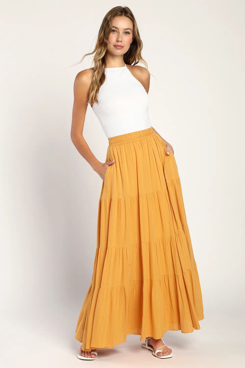 Sunset by the Sea Mustard Yellow Embroidered Tiered Maxi Skirt | Lulus (US)