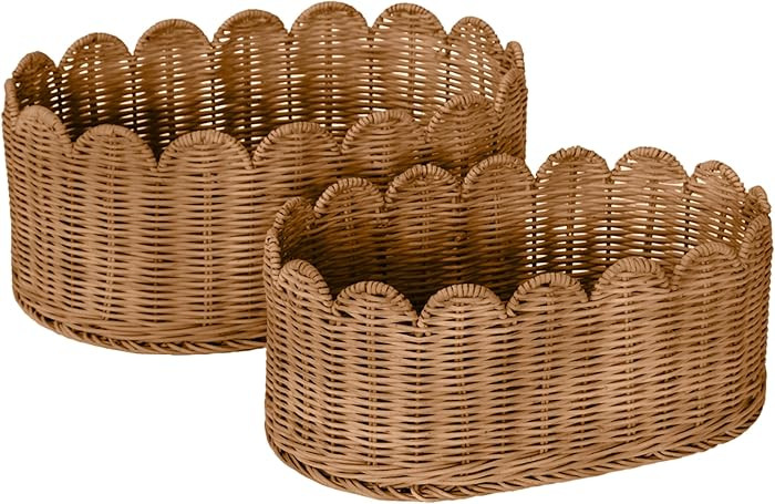 BEBE BASK Premium Scalloped Basket Set Of 2 - Scallop Basket - 16 x 10 x 7 Inch - Hand-Woven Eleg... | Amazon (US)