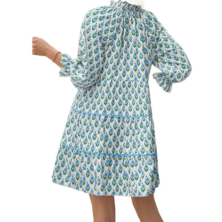 Floral Print Loose Long Sleeved Women V-neck Ruffle Tassel Mini Dress | Walmart (US)