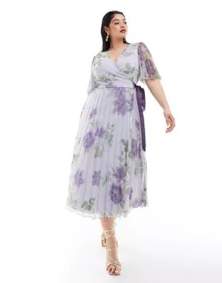 ASOS DESIGN Curve exclusive pleated midi dress with kimono sleeve and tie waist in lilac floral p... | ASOS (Global)