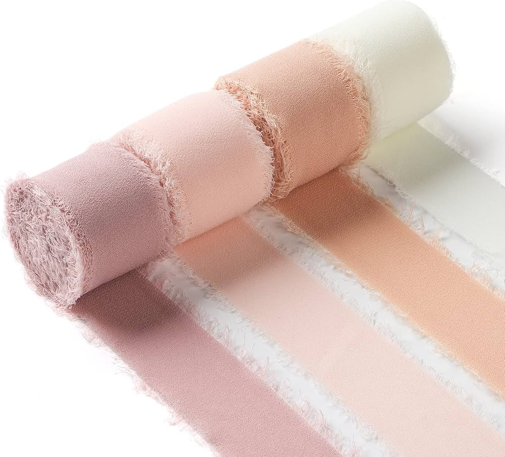4 Rolls Handmade Fringe Chiffon Ribbon 1"W x 5Yd Per Roll,Pink & Cream Silk-Like Ribbons Set (1" ... | Amazon (US)