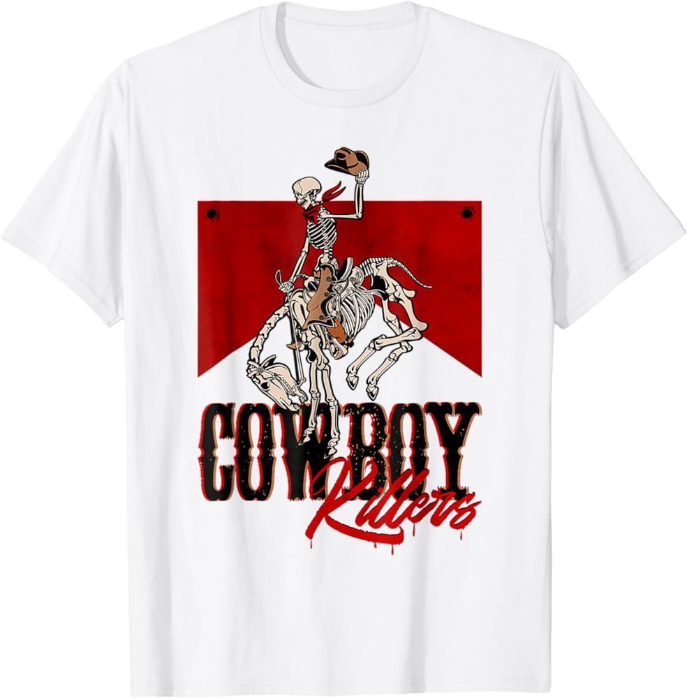 Western Cowboy Vintage Punchy Cowboy Killers Skull Skeleton T-Shirt | Amazon (US)