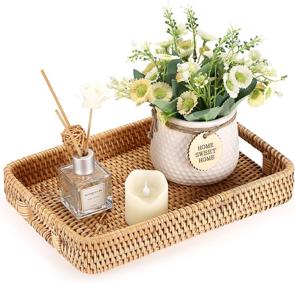 Hipiwe Rattan Serving Tray Hand Woven Tray with Handles Rattan Rectangular Basket Trays for Stora... | Amazon (US)