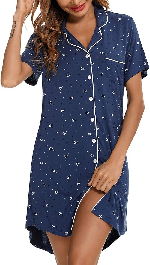 Samring Pajama Nightgown for Women Short/Long Sleeve Button Down Nightwear Top Boyfriend Sleep Sh... | Amazon (US)