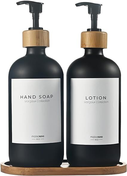 MaisoNovo Black Glass Soap Dispenser with Pump and Bamboo Tray - Kitchen Soap Dispenser Set - Han... | Amazon (US)