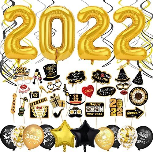 HOWAF Black and Gold New Year's Eve Party Decoration 2022 XXL Set, Heart and 2022 Giant Foil Balloon | Amazon (US)