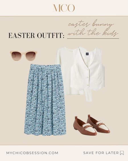 Dress to impress for a photoshoot with the family and Easter Bunny this year. Pair a floral midi skirt with two-toned loafers, a long sleeve white tee, white vest, and classic sunglasses.

#LTKSeasonal #LTKstyletip