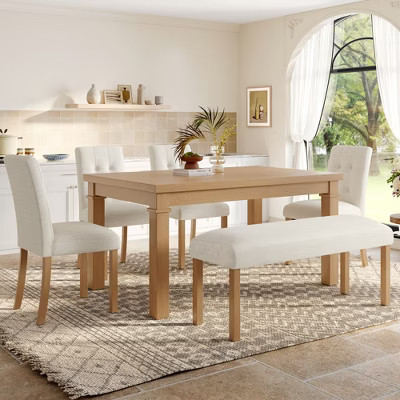 Wood Dining Table Set with Bench for 6, 6 Pieces Rectangle Kitchen Set with 4 Upholstered Chairs for Dining Room, Natural | Target
