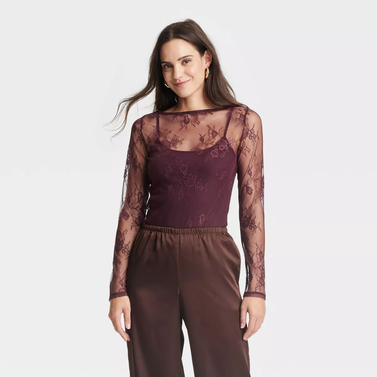 Women's Slim Fit Long Sleeve Lace Top - A New Day™ | Target