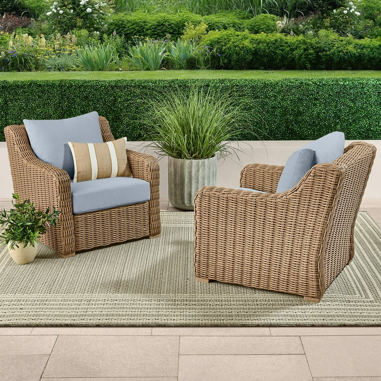 Better Homes & Gardens Bellamy Outdoor 2pk Lounge Chairs, Tan Wicker/Blue Cushion | Walmart (US)