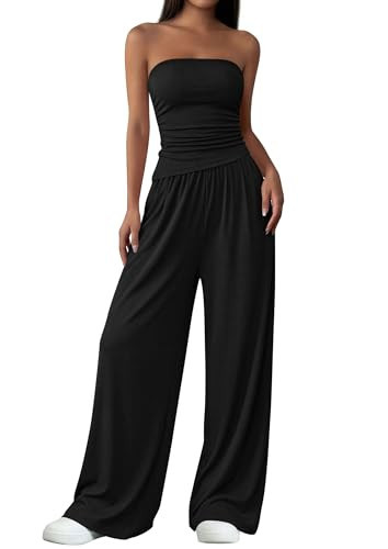 PRETTYGARDEN Summer Sets Women 2 Piece Outfits Asymmetrical Tube Tops and Pants Beach Vacation Airport Matching Lounge Set(Black,X-Small) | Amazon (US)
