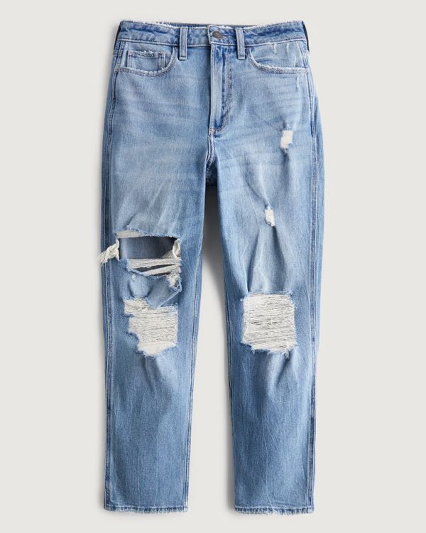 Curvy Ultra High-Rise Ripped Medium Wash Mom Jeans | Hollister (US)