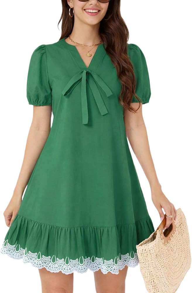 D-Sun Women Puff Short Sleeve Mini Dress Bow Tie V Neck Ruffle Embroidered Summer Dress A Line Ba... | Amazon (US)