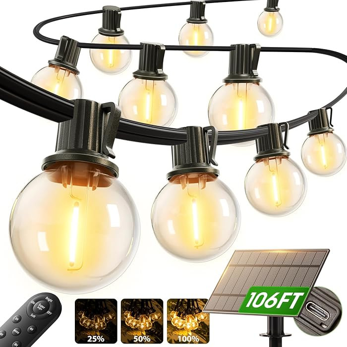 addlon 100FT Solar String Lights Outdoor with Remote, 54 LED Shatterproof Bulbs, USB Charging, 20... | Amazon (US)