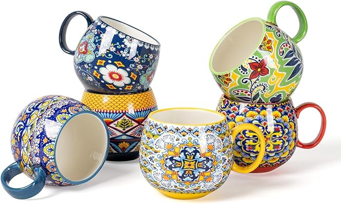 HENXFEN LEAD Boho Ceramic Coffee Mugs Set of 6 – 20 oz Large Porcelain Cups for Latte, Cappucci... | Amazon (US)
