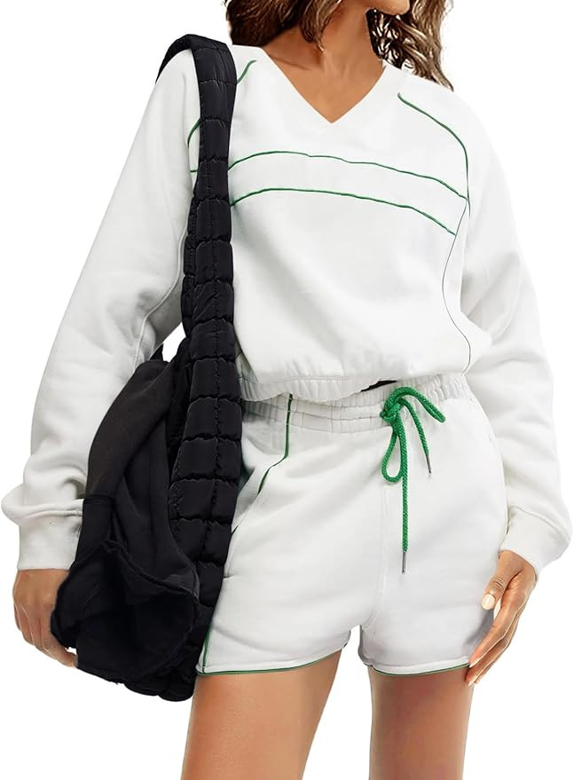 Fisoew Womens Sweatsuits 2 Piece Outfits V Neck Fleece Sweatshirts Contrast High Waisted Shorts C... | Amazon (US)