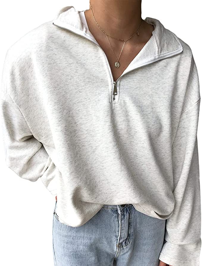 Womens Oversized Half Zip Lapel Sweatshirt Solid Color Casual Long Sleeve Cropped Pullover Top | Amazon (US)