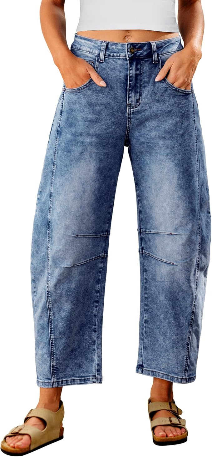 Utyful Barrel Jeans Women Cropped Baggy Trendy High Waisted Distressed Loose Stretch Denim Trouse... | Amazon (US)