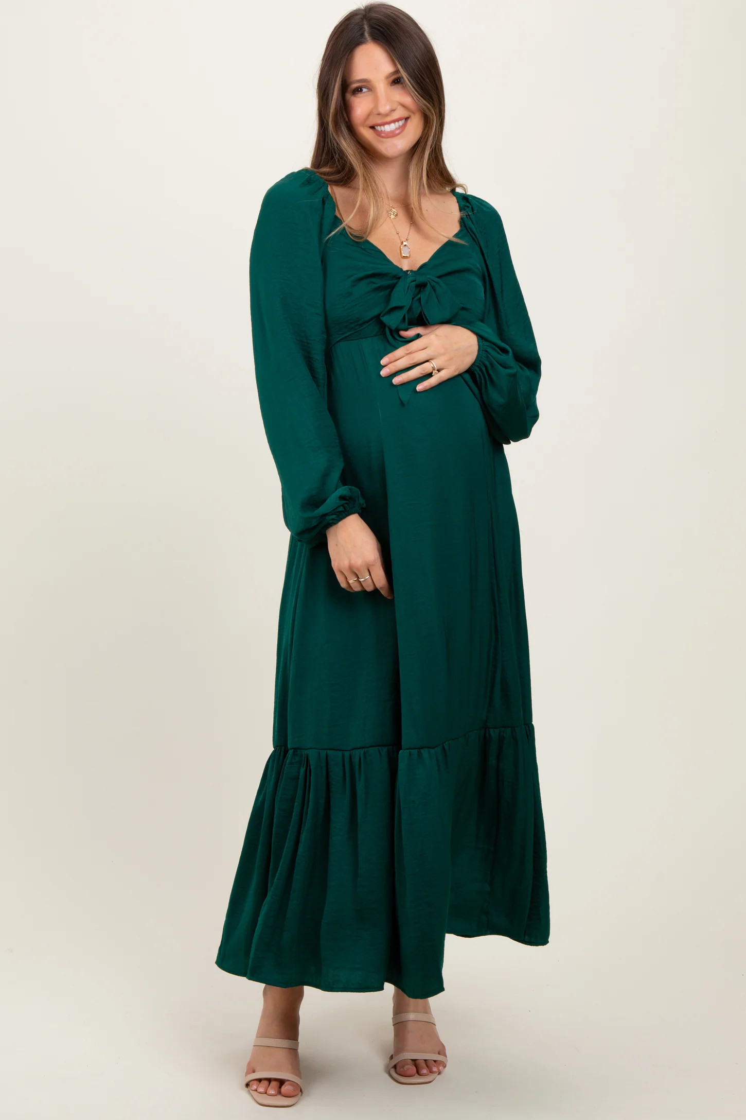 Emerald Bow Satin Maternity Maxi Dress | PinkBlush Maternity
