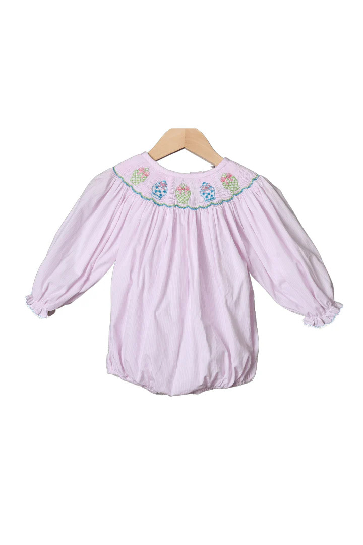 Smocked Ginger Jar Pink Windowpane Long Sleeve Bishop Bubble | The Smocked Flamingo