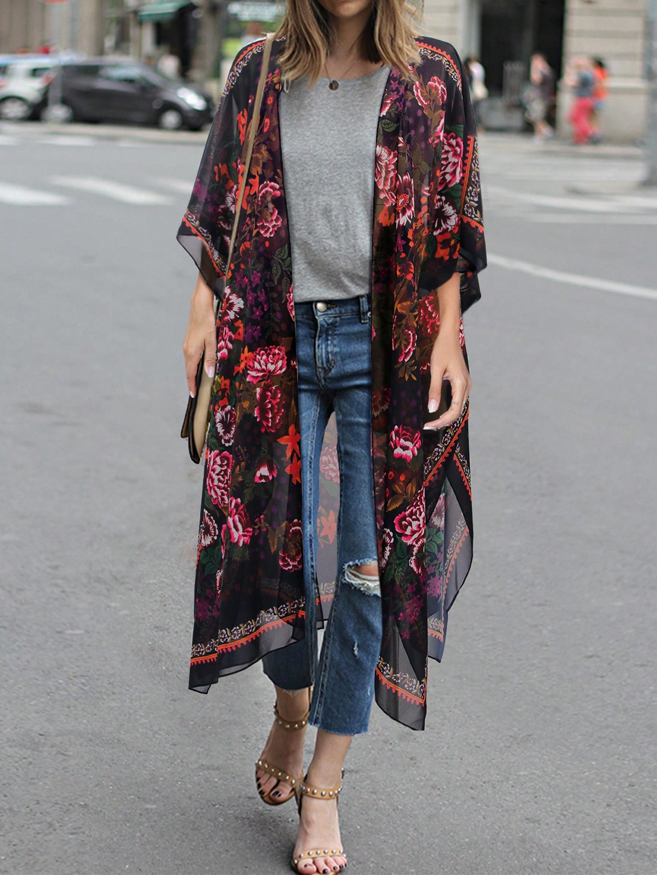 Floral Print Split Hem Kimono | SHEIN
