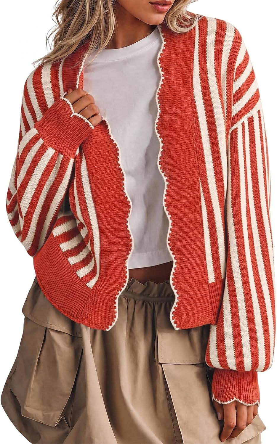 Women's Striped Cardigan Sweater Open Front Ruffle Long Sleeve | Amazon (US)