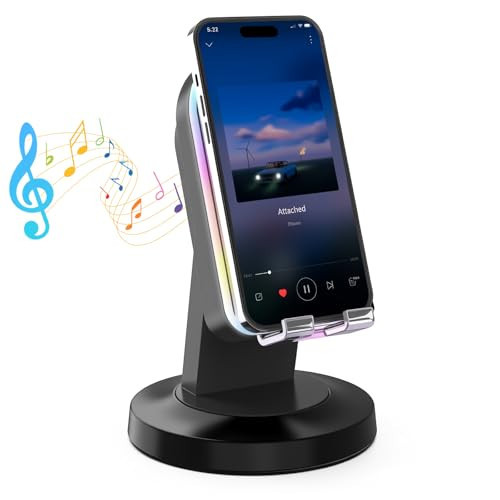 Wireless Induction Speaker with 360° Rotatable Base, Phone Stand with Bluetooth Speaker and RGB Light, Cell Phone Speaker Amplifier for Desk, Kitchen, Unique Tech Gifts for Men and Women (Black) | Amazon (US)