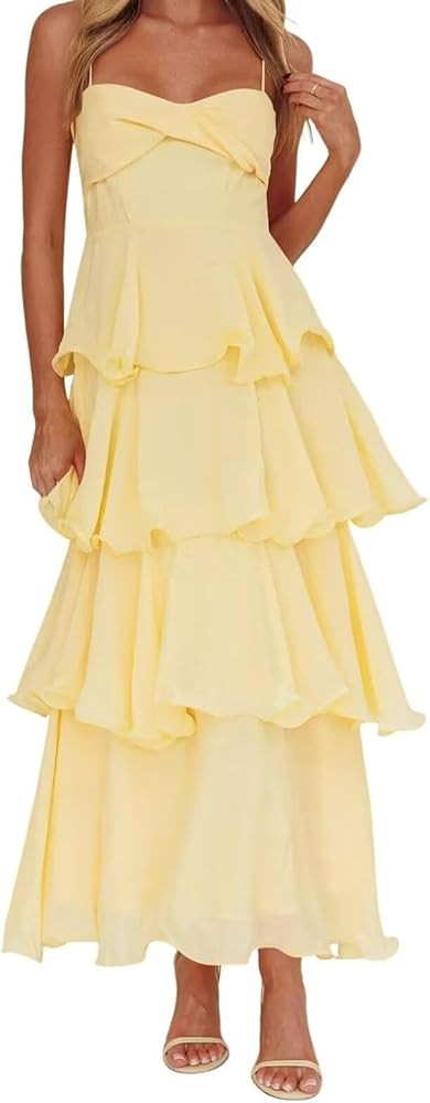 Chiffon Tiered Bridesmaid Dresses for Women Long Spaghetti Straps Formal Gowns Ruffled Beach Even... | Amazon (US)