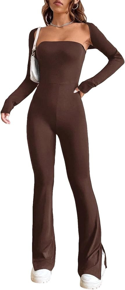 Verdusa Women's 2Pcs Strapless Split Hem Flare Leg Tube Jumpsuit Unitard Crop Top | Amazon (CA)