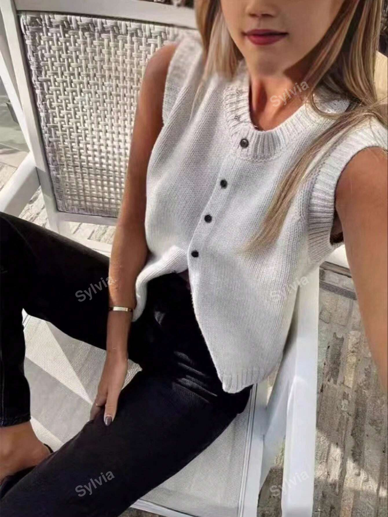 Women's Simple Round Neck Solid Color Button-Up Knit Cardigan Vest | SHEIN USA | SHEIN