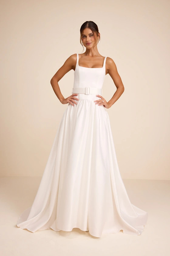 Ellington White Satin Belted Drop Waist Maxi Dress | white bridal dress | Lulus