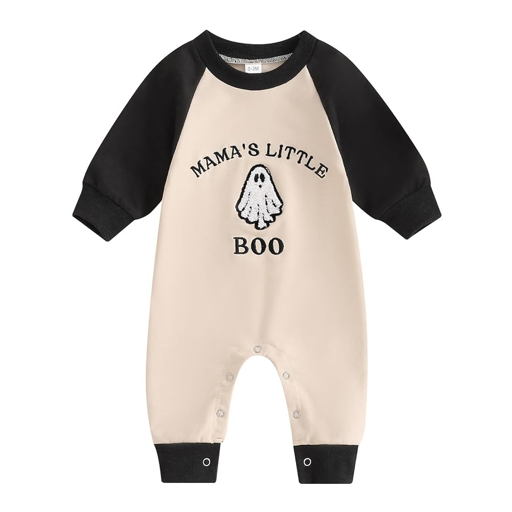 Lamuusaa Newborn Baby Boy Halloween Outfit Mamas Little Boo Embroidery Romper Long Sleeve Ghost B... | Amazon (US)