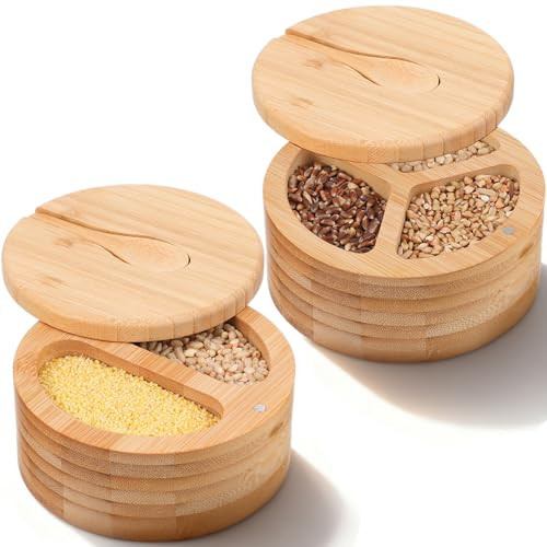 SHENLIU 2 Pack Acacia Wood Salt and Pepper Bowl Box, Built-in Spoon, 2 & 3 Compartments Spices Seasoning Container, Sea Salt Cellar Holder, Magnetic Swivel Lid Bamboo Salt Box for Salt Sugar Pepper | Amazon (US)