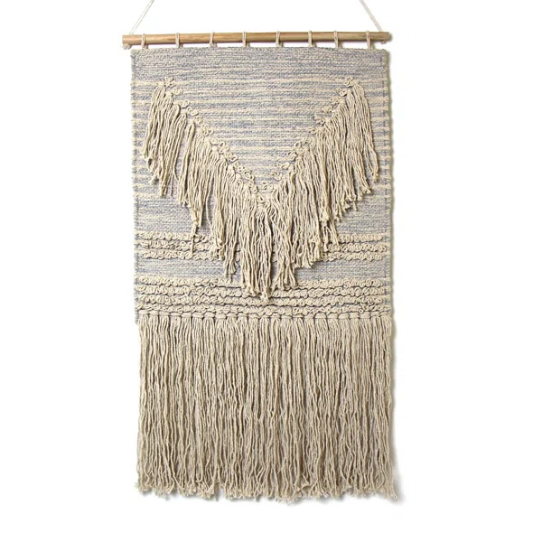 Handwoven Boho Wall Hanging, Blue Grey With Cream Fringe | Wayfair North America