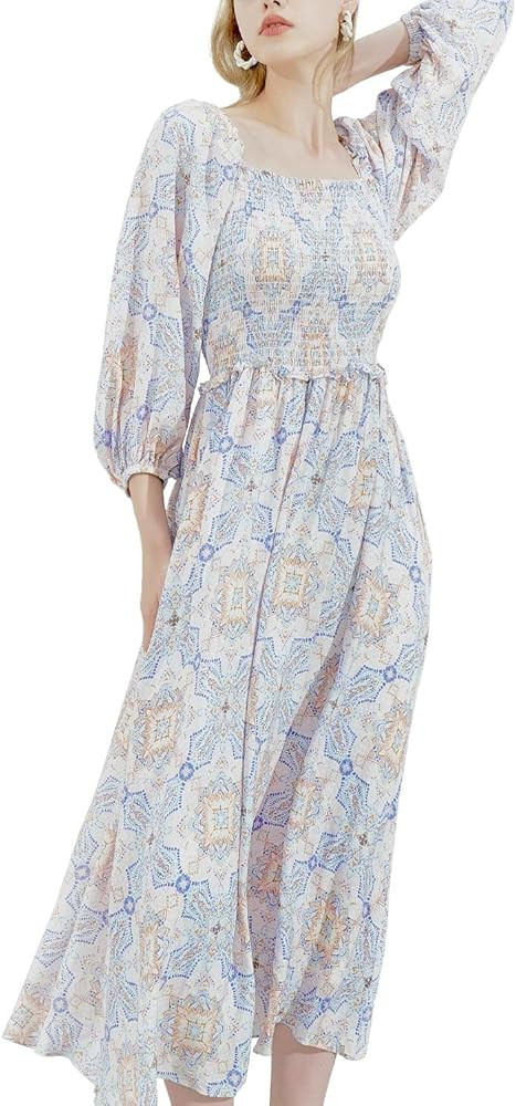 Womens 2024 Midi Dresses Smocked Long Sleeve Elastic Cuffs Square Neck Casual Beach Wear Work Off... | Amazon (US)