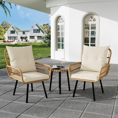 3 Pieces Wicker Patio Bistro Set - Outdoor Rattan Dining Chairs, with Glass Top Table and Cushions, for Backyard, Balcony, Poolside, Garden | Target