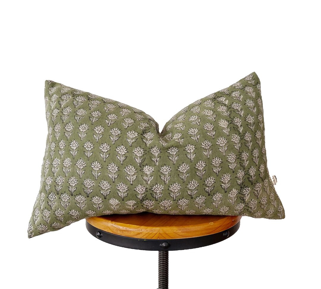 Block Print Linen Fabric Pillow Cover. Green Floral Lumbar - Etsy | Etsy (US)